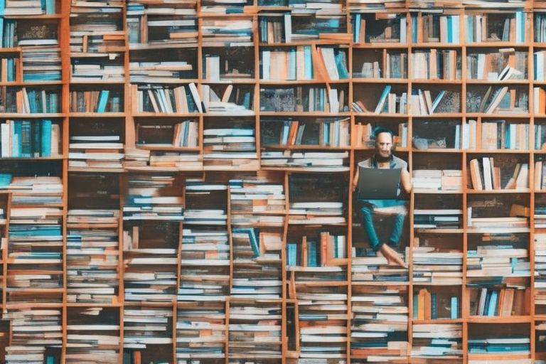 A person meditating while surrounded by books on one side and headphones on the other side