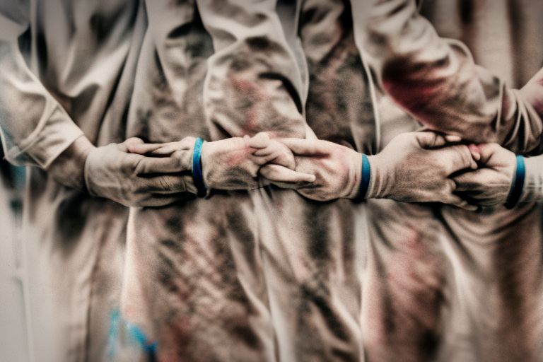 A person's hands handcuffed behind their back with blurred figures standing behind them representing advocates of medical experimentation on children facing harsh punishment