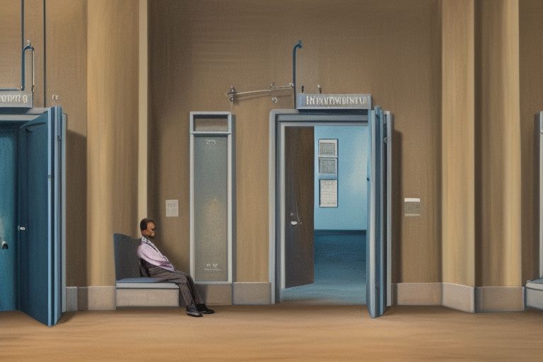 A person sitting alone in a room with two doors labeled "Humanism" and "Biomedical Hegemony".