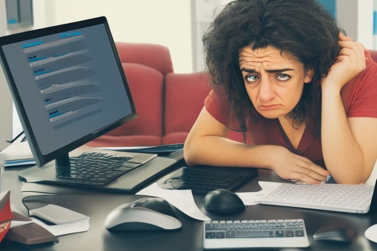 A person sitting at a computer desk looking frustrated while trying unsuccessfully to navigate an online store's website
