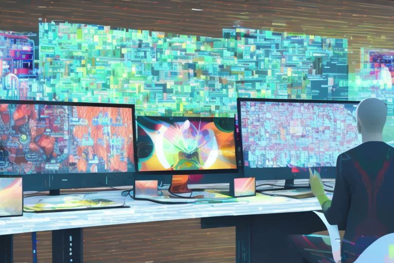 A person sitting at a computer desk surrounded by monitors filled with colorful graphics and animations generated by artificial intelligence software