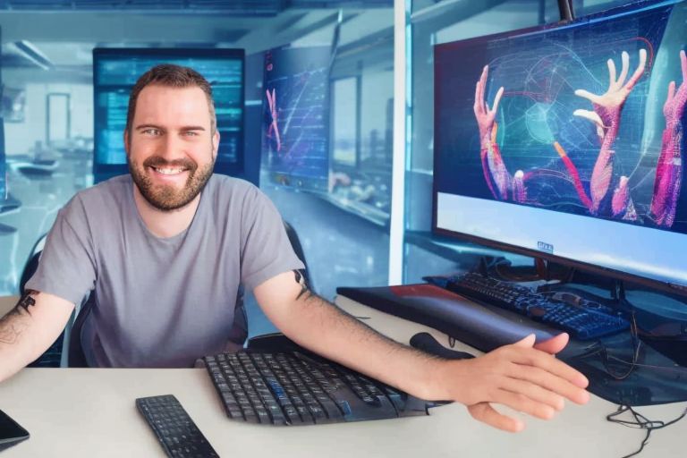 A person sitting at a computer smiling with their hands clasped together in victory over an image of the internet in the background.