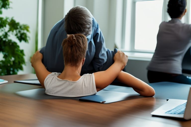A person sitting at a desk with their hands pressed against their lower back in discomfort as they experience lower back pain.