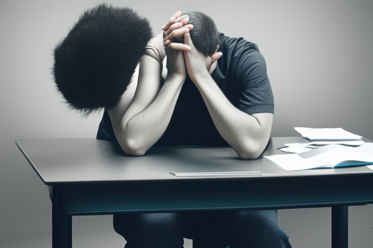 A person sitting at a desk with their head in their hands looking defeated.