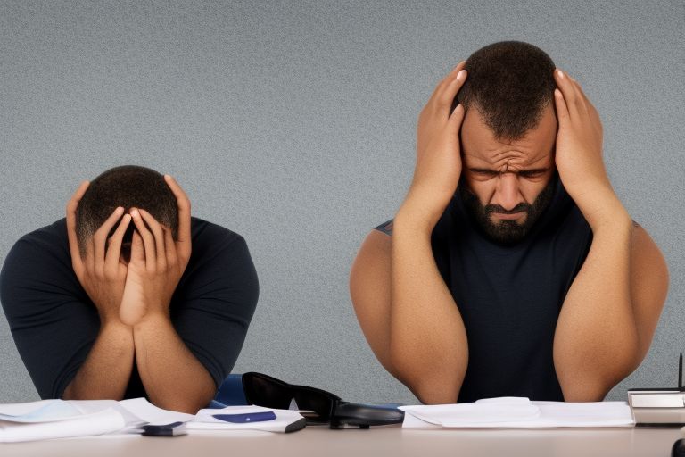 A person sitting at their desk with their hands on their head looking stressed but determined