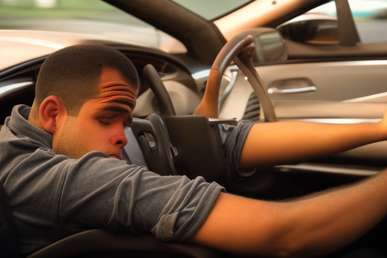 A person sitting behind a steering wheel with their head down looking tired as if they had been up all night partying before getting into their car (photo).