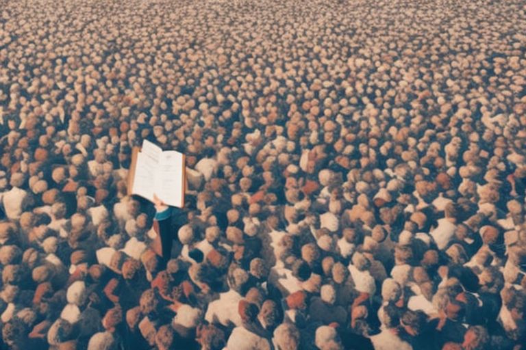 A person standing alone amidst a chaotic crowd while holding an open book with "Creator Economy" written across its pages