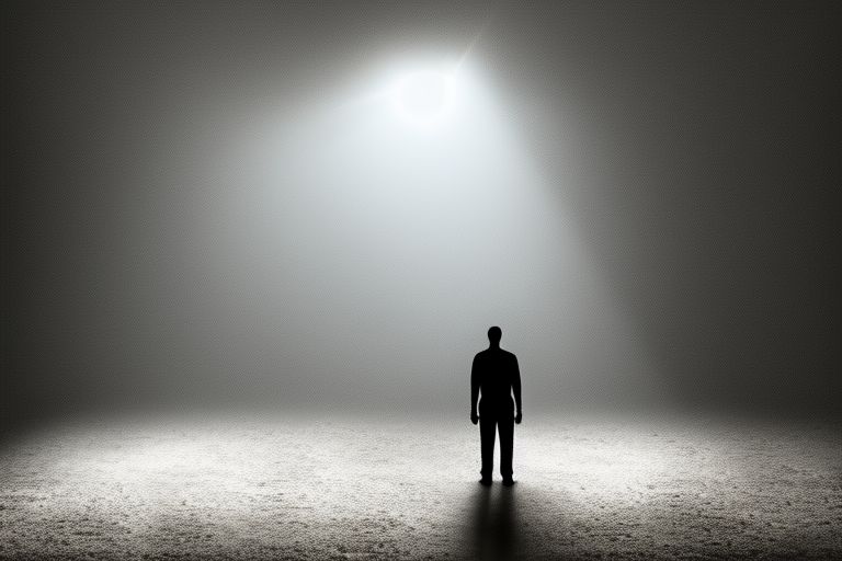 A person standing alone in a dark room with a spotlight shining down on them from above - symbolizing how true strength comes from within despite not being seen or heard by others