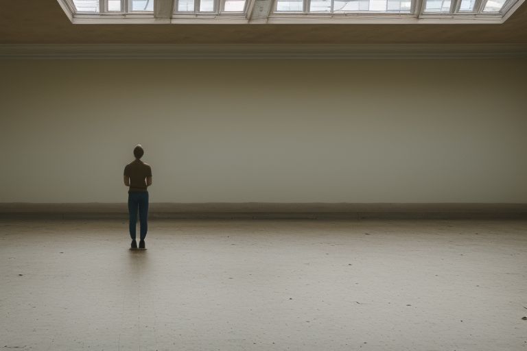 A person standing alone in an empty room looking out the window with an anxious expression on their face