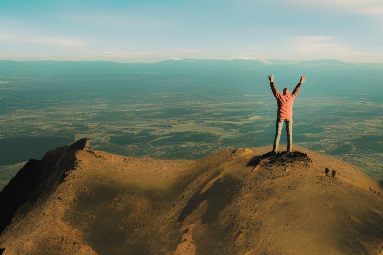 A person standing atop a mountain peak overlooking an expansive landscape below with their arms outstretched towards the sky in celebration of their accomplishments thus far, while also looking ahead towards an even brighter future ahead of them filled with possibility!