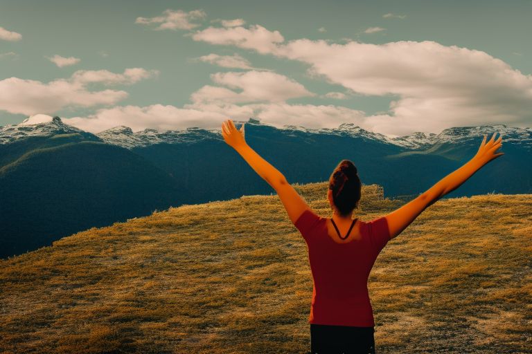 A person standing tall against a backdrop of mountains with their arms stretched out wide looking determinedly ahead into the horizon