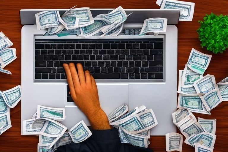 A person typing away at their laptop surrounded by dollar bills