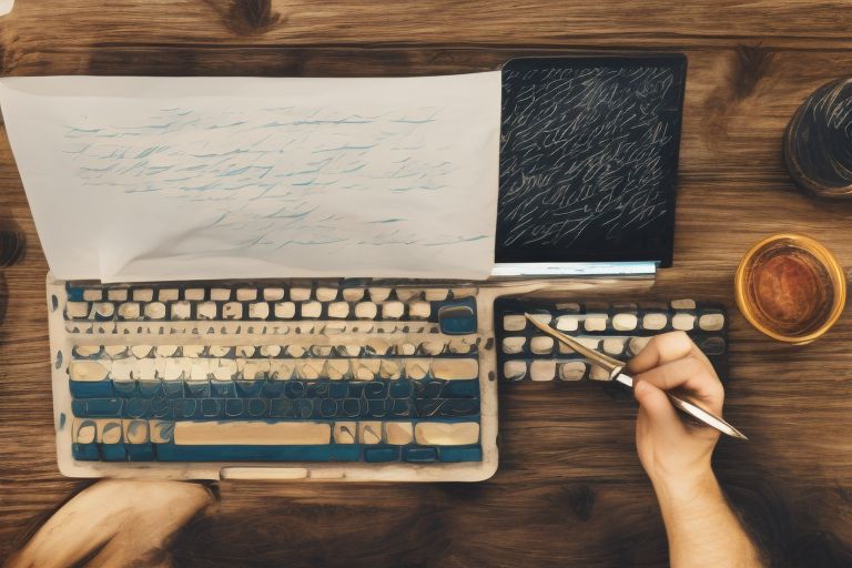 A person typing away at their laptop with an old-fashioned quill pen beside it.