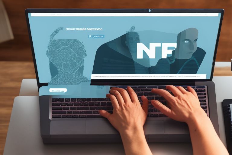 A person typing away on a laptop with a NFT image displayed behind them