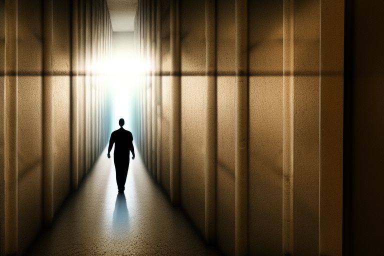 A person walking away from a prison cell door with light streaming through behind them symbolizing freedom from their old life