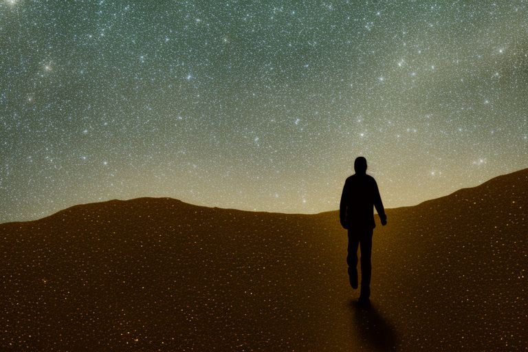 A person walking confidently down a path surrounded by stars
