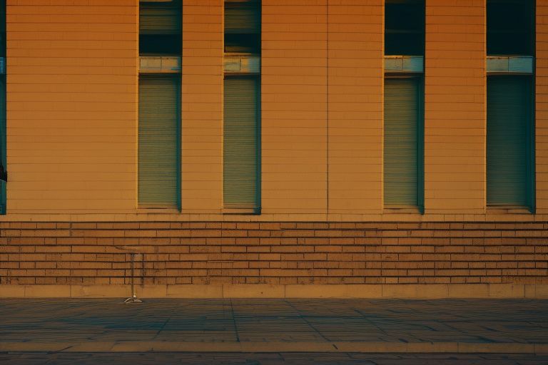 A person wearing a face mask walking past two empty chairs outside a building during sunset