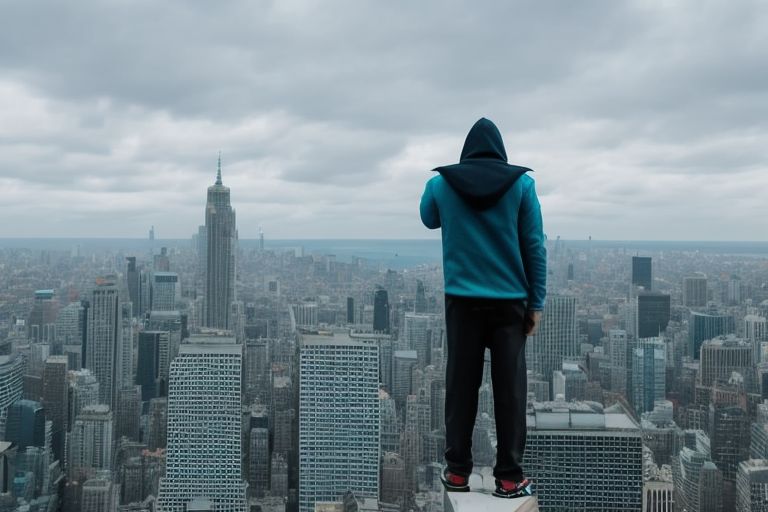A person wearing a hoodie using binoculars while standing on top of a building looking out into the distance with skyscrapers visible behind them against a cloudy sky backdrop