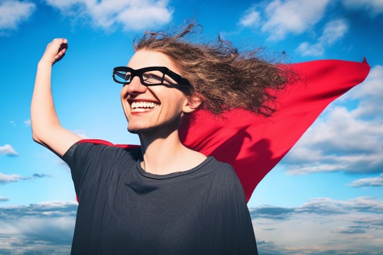 A person wearing glasses holding up a superhero cape against a bright blue sky background