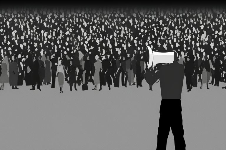 A person with a megaphone standing in front of a crowd with dark figures looming in the background