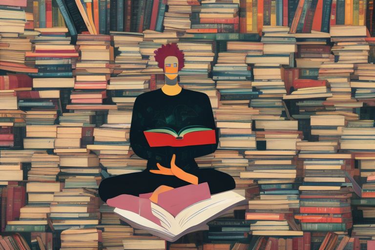 A person with their eyes closed, sitting in a lotus position, surrounded by books.