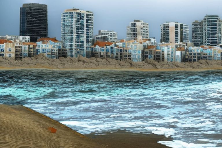 A photo depicting a beachfront area with rising sea levels encroaching upon buildings near the shoreline