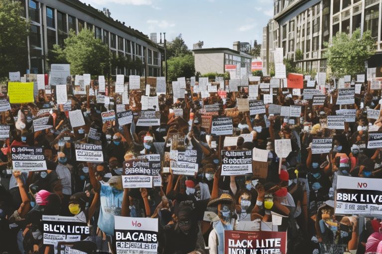 A photo depicting a crowd holding signs with slogans such as "Black Lives Matter" and "No Justice No Peace".