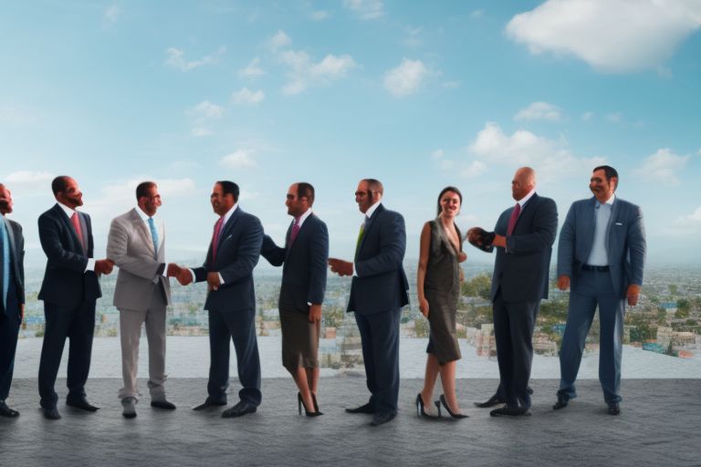 A photo depicting a group of successful business people smiling at each other while shaking hands against a backdrop of Mexican or Panamanian scenery