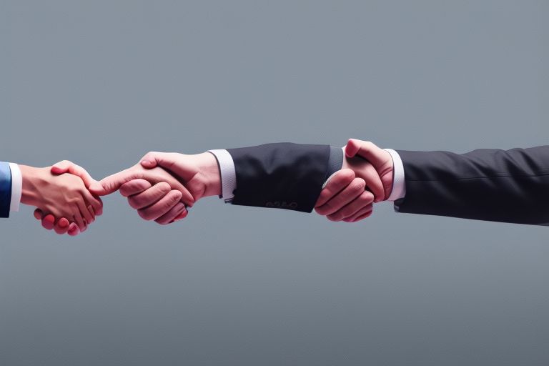 A photo depicting a handshake between two businesspeople representing PGE & PKP Energetyka respectively with Polish flags behind them