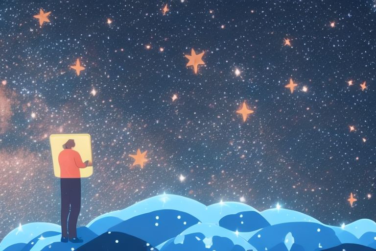 A photo depicting a person using a laptop computer while looking up at a starry night sky filled with planets representing different aspects of Web 3 technology (blockchain technology; smart contracts; tokenization).