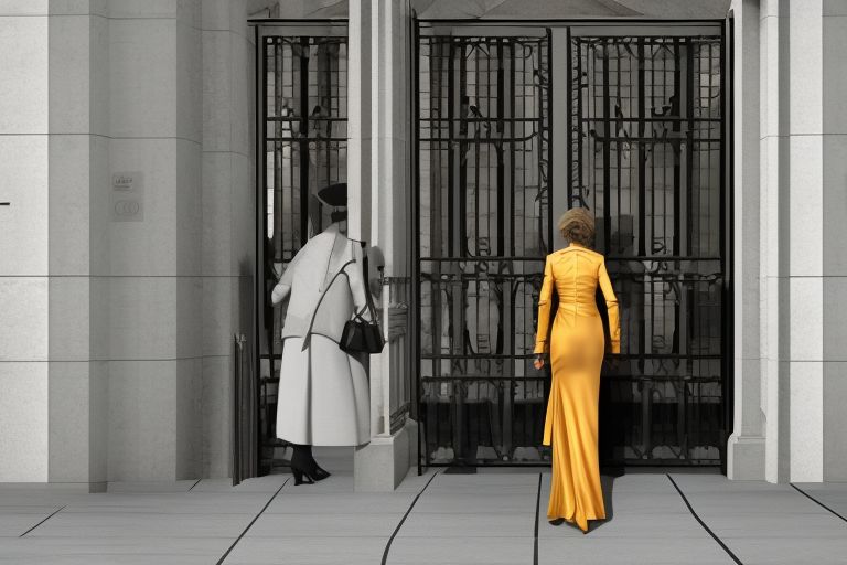 A photo depicting a rich woman dressed in luxurious clothing entering a government building while people look on disapprovingly from outside the gates.
