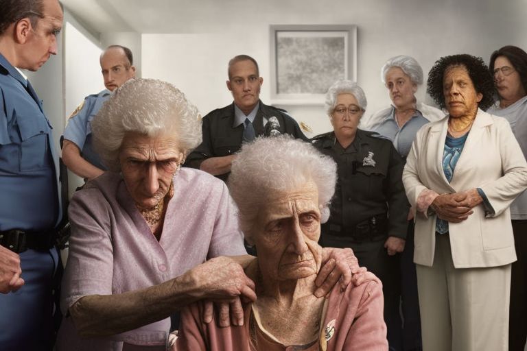 A photo depicting an elderly woman surrounded by concerned family members while police investigate a crime scene in the background