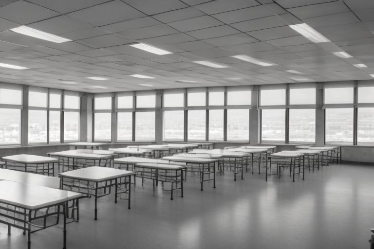 A photo depicting an empty classroom with desks arranged neatly in rows against a backdrop of windows looking out onto a cloudy sky outside - symbolizing the shortage of teachers amidst the pandemic.