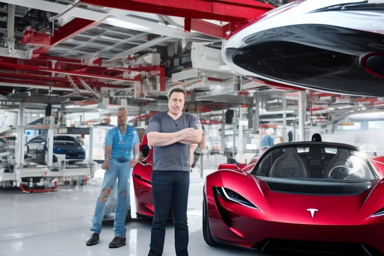 A photo depicting Elon Musk standing beside his Tesla Roadster being loaded onto a Falcon Heavy Rocket prior to launch