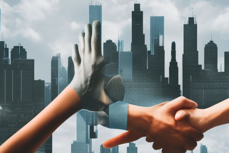 A photo depicting two hands shaking against a backdrop of buildings representing modern technology