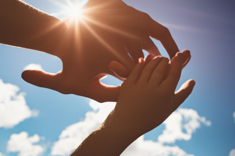 A photo featuring two hands clasped together with a bright sunbeam shining down on them against a blue sky background