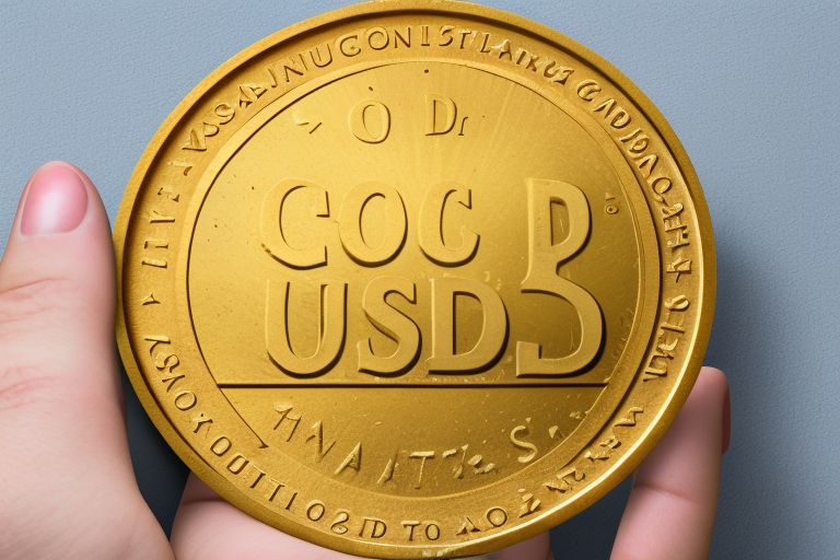 A photo illustration showing two hands holding up a gold coin with "USCD" written on it against a white background