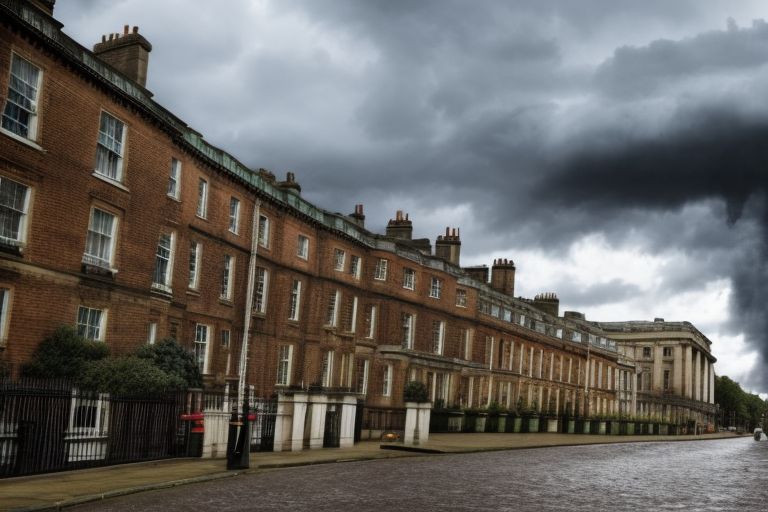 A photo of 10 Downing Street with dark clouds hovering overhead symbolizing an impending economic storm ahead