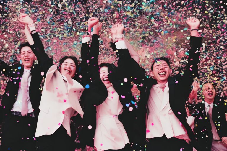 A photo of Aチーム celebrating their victory with confetti flying around them.