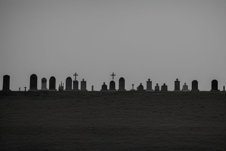 A photo of a cemetery with headstones silhouetted against a grey sky