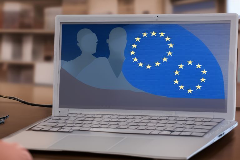 A photo of a laptop screen showing a graph of medical research data overlaid with a silhouette of the European Union flag