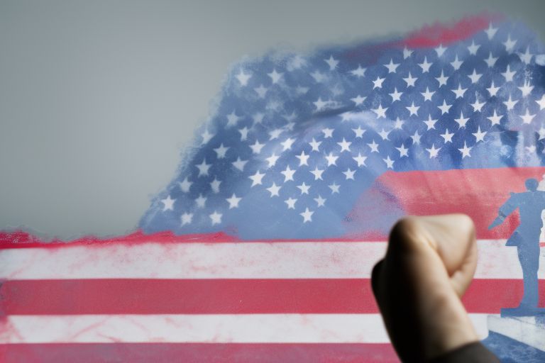 A photo of a person holding up their fist with an American flag in the background