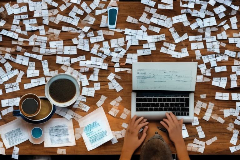 A photo of a person typing away at a laptop while surrounded by coffee cups and stacks of paper with various equations written on them