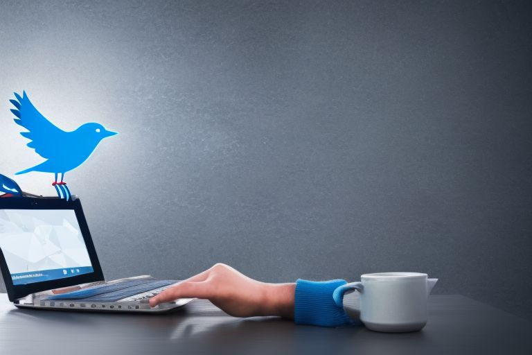 A photo of a person using a laptop with a blue bird (the symbol for twitter) flying above them