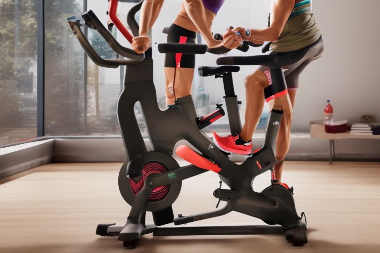 A photo of a person using a Peloton bike with oversized legs attached