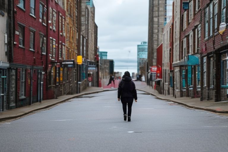 A photo of a person wearing a face mask walking down a street in St John's with buildings visible in the background