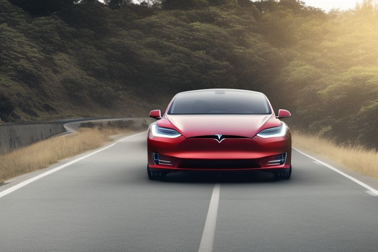 A photo of a Tesla Model S or X driving down a smooth road with its suspension raised in anticipation for upcoming bumps in the road ahead