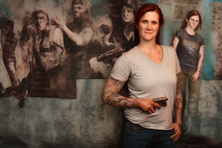 A photo of actress Kathleen standing confidently against a backdrop featuring artwork from The Last Of Us series