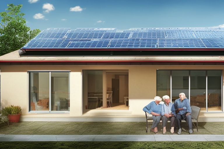 A photo of an elderly couple standing outside their newly renovated home with photovoltaic panels installed atop its roof and floor heating visible through its windows
