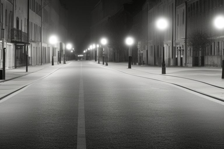 A photo of an empty street at night with a single street lamp illuminating it